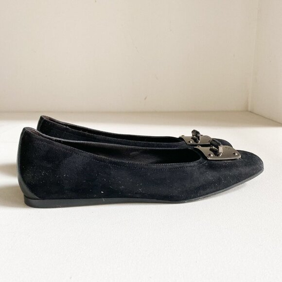 Donald J Pliner Black Suede Metal Monogram Detail Square Toe Flats 8M - Picture 4 of 8